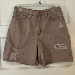 Y2K Distressed Tan Denim Shorts – High Rise Vintage Wash Summer (Size 8/29)
